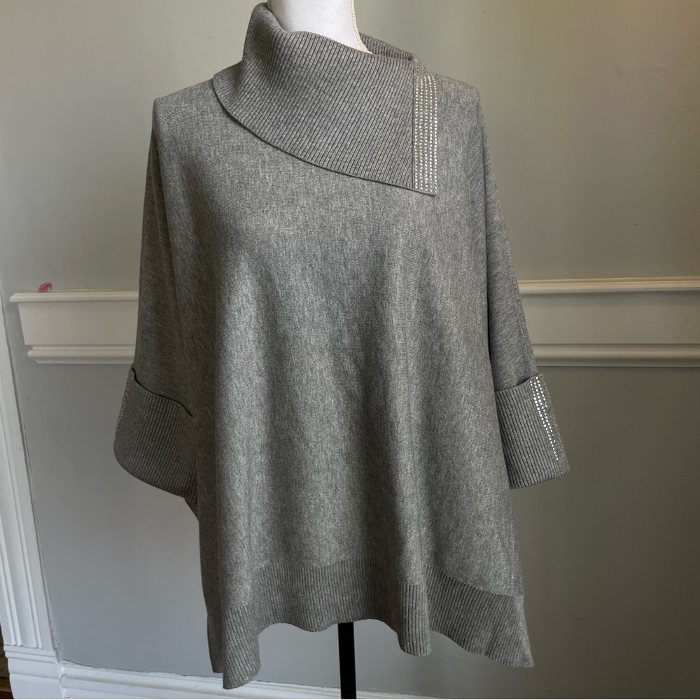 Chico’s Rhinestone Gray Poncho Sweater Gray Heather Cashmere Blend L/XL NWT